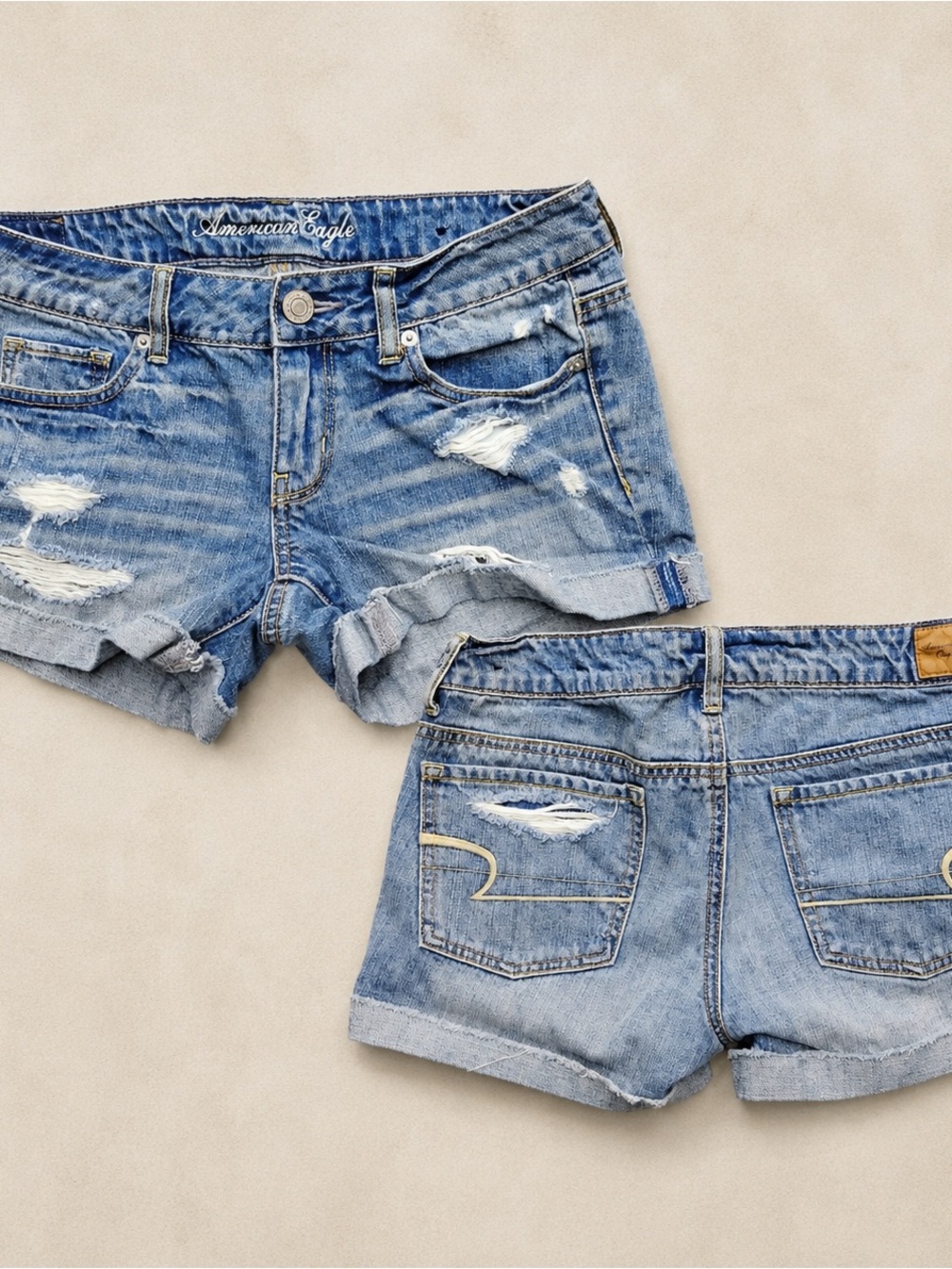 American Eagle Outfitters Distressed Rolled-Hem Denim Shorts - Blue - Picture 3 of 3